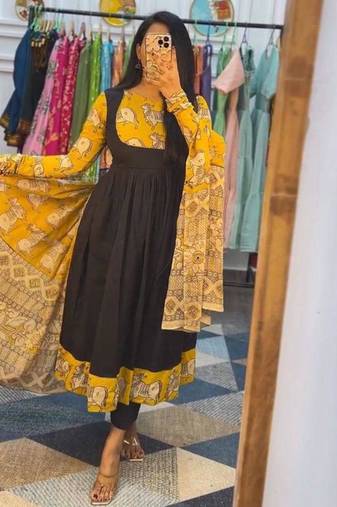 Black cotton blend printed kurta-sets