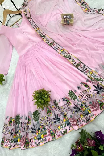 baby pink georgette printed anarkali kurta set