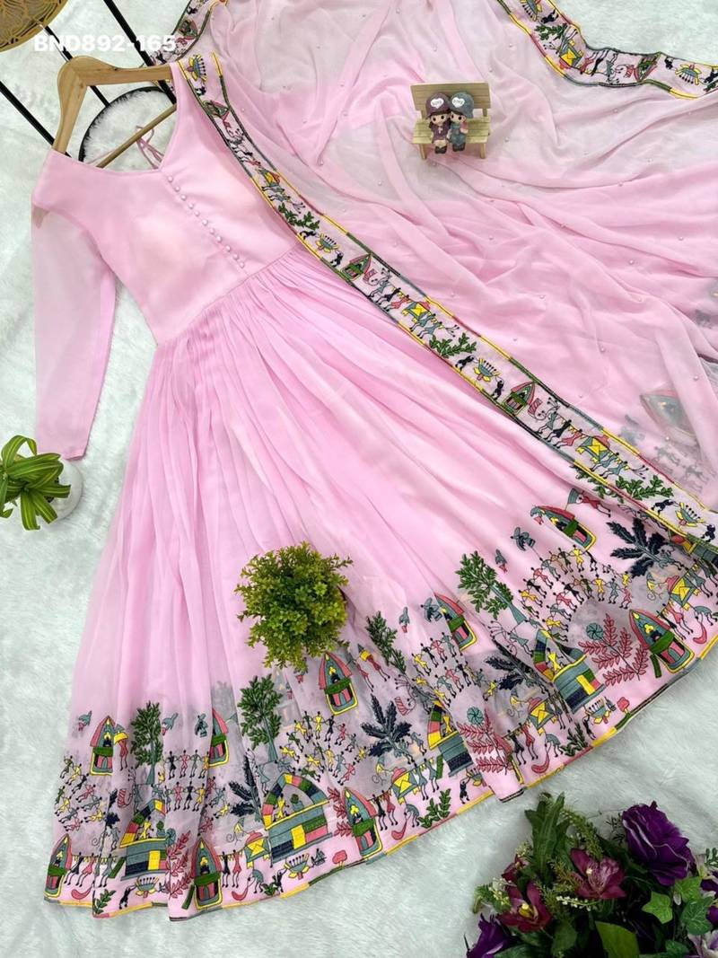 Baby-pink georgette embroidered kurta-sets