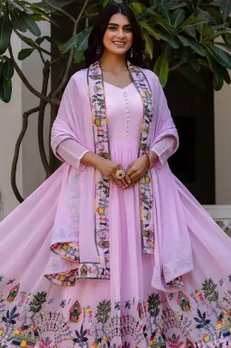 baby pink georgette printed anarkali kurta set