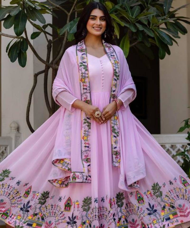 Baby-pink georgette embroidered kurta-sets