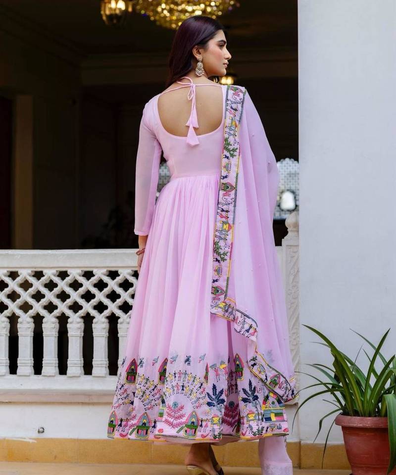 Baby-pink georgette embroidered kurta-sets
