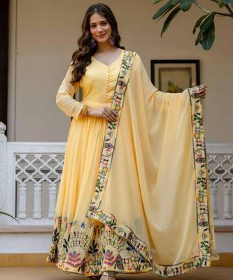 lemon georgette printed anarkali kurta set 1