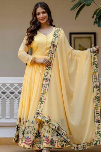 Lemon georgette embroidered kurta-sets