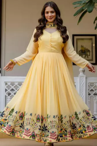 lemon georgette printed anarkali kurta set