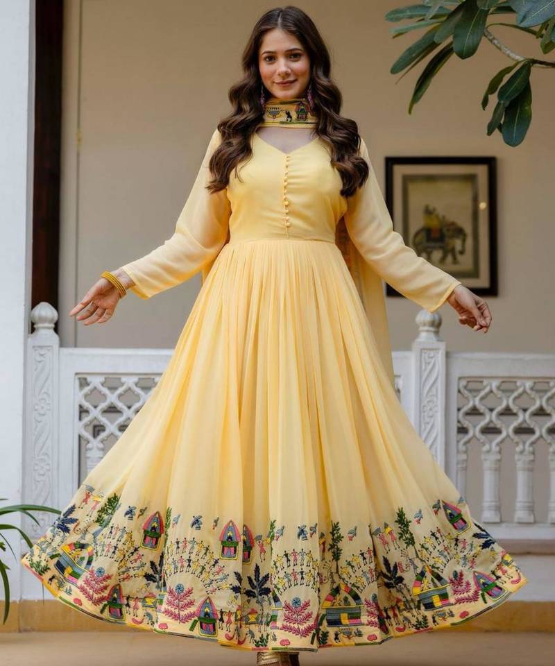 Lemon georgette embroidered kurta-sets