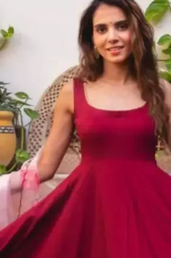 maroon chinon anarkali kurta set with organza dupatta