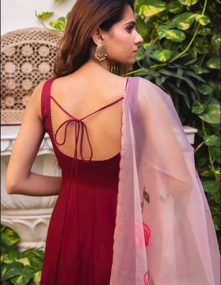 maroon chinon anarkali kurta set with organza dupatta 4