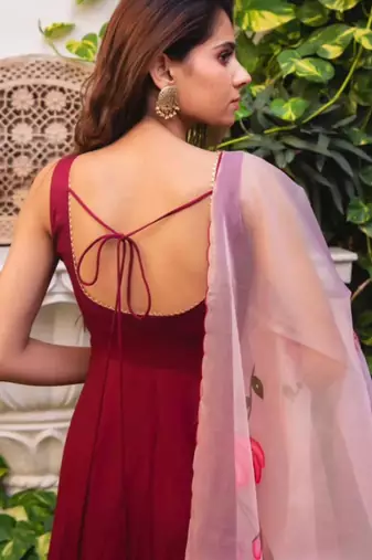 maroon chinon anarkali kurta set with organza dupatta