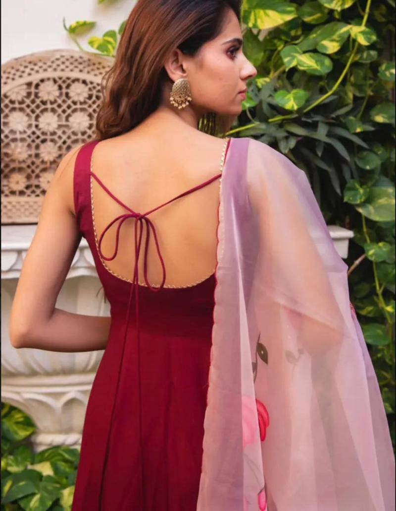 Maroon chinon plain kurta-sets