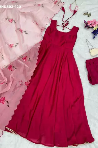 maroon chinon anarkali kurta set with organza dupatta