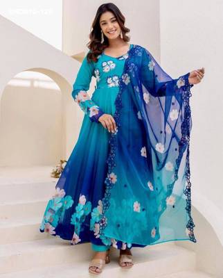 blue organza floral printed kurti set 1