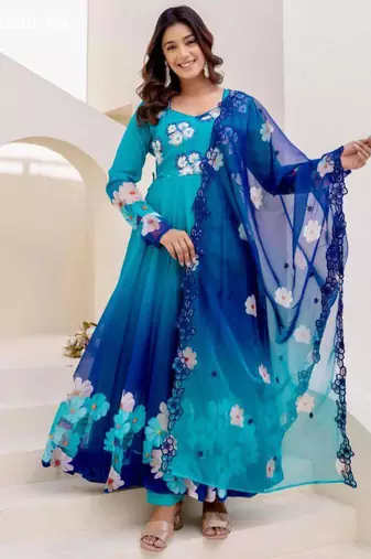Blue organza embroidered kurta-sets