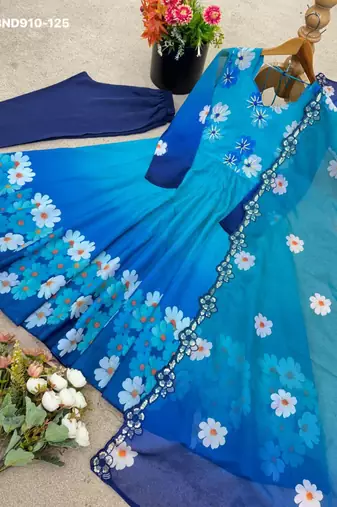 blue organza floral printed kurti set