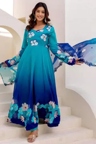 blue organza floral printed kurti set