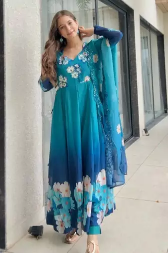 blue organza floral printed kurti set