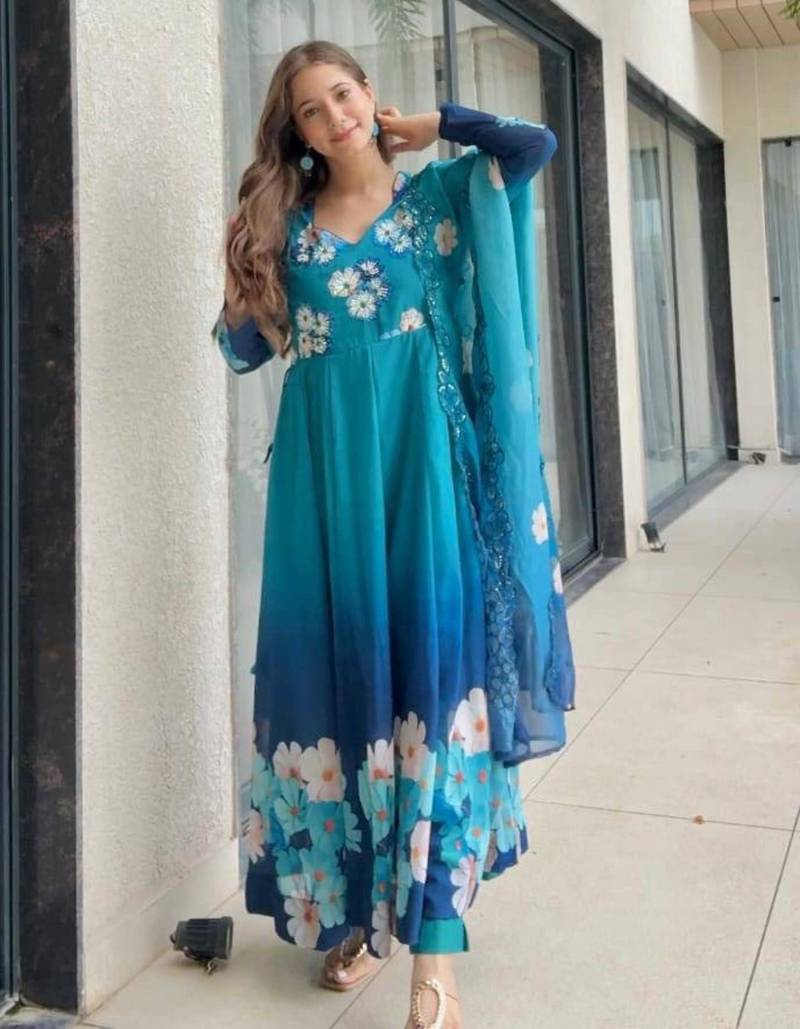 Blue organza embroidered kurta-sets
