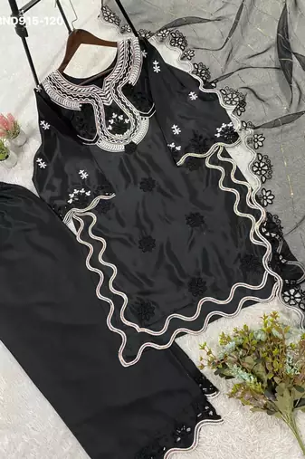 black silk blend embroidered kurti palazzo set
