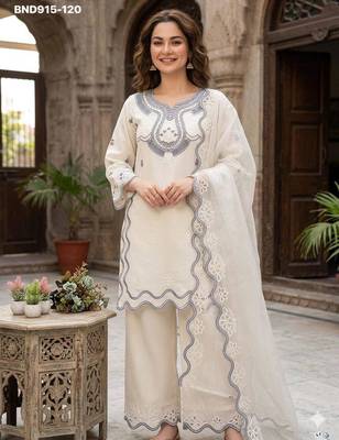 off white silk blend embroidered kurti palazzo set 1