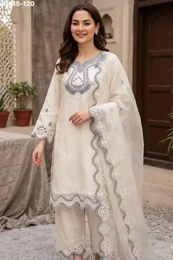off white silk blend embroidered kurti palazzo set