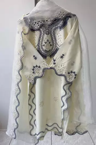 off white silk blend embroidered kurti palazzo set