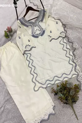 off white silk blend embroidered kurti palazzo set