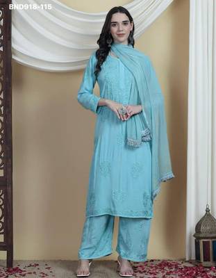 sky blue rayon embroidered kurti palazzo set 1