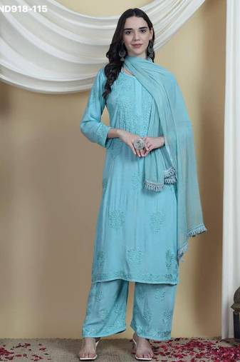 Sky-blue rayon embroidered kurta-sets