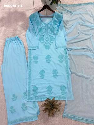 sky blue rayon embroidered kurti palazzo set 3