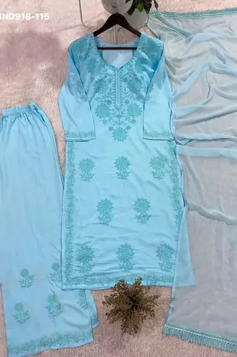 sky blue rayon embroidered kurti palazzo set