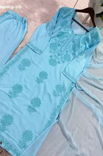 sky blue rayon embroidered kurti palazzo set