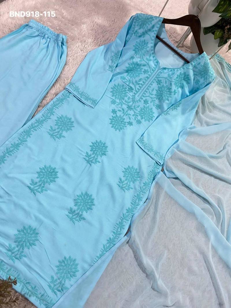 Sky-blue rayon embroidered kurta-sets