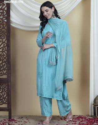 sky blue rayon embroidered kurti palazzo set 5