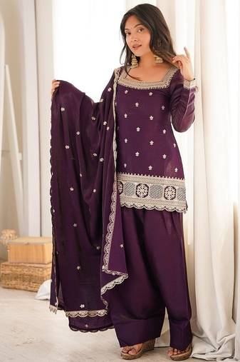 Deep wine embroidered festive salwar suit set