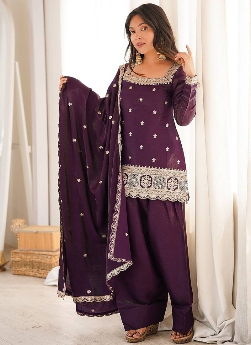 Deep wine embroidered festive salwar suit set