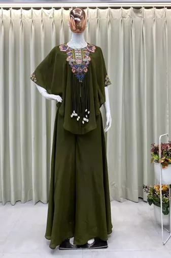 mehendi green embroidered chinon kurta set