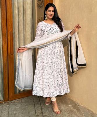 white vichitra silk embroidered anarkali kurti 1