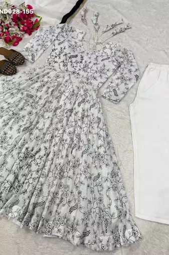white vichitra silk embroidered anarkali kurti