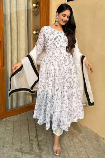 white vichitra silk embroidered anarkali kurti