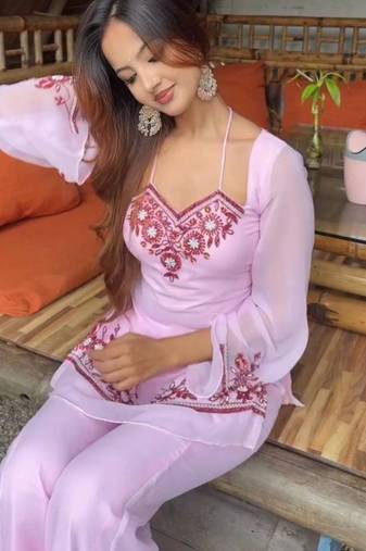 Baby-pink georgette embroidered kurta-sets