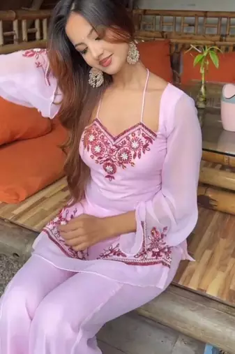 Baby-pink georgette embroidered kurta-sets