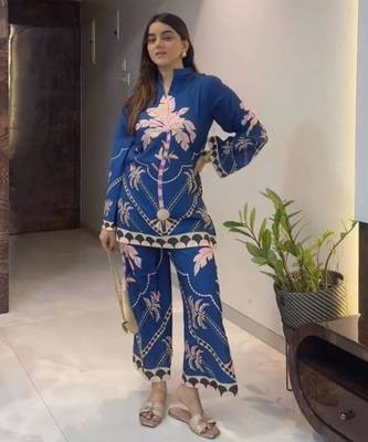 blue printed cotton blend kurta set 1