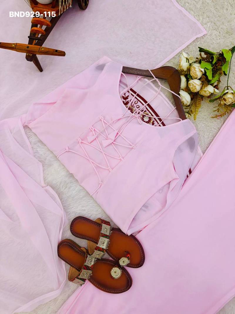 Baby-pink georgette embroidered kurta-sets