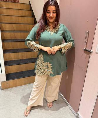 teal green embroidered cotton blend kurta set 1
