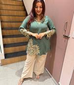Teal-green cotton blend embroidered kurta-sets