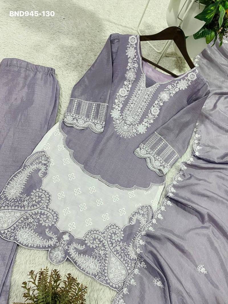 Lavender chinon embroidered kurta-sets