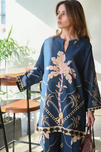 blue printed cotton blend kurta set