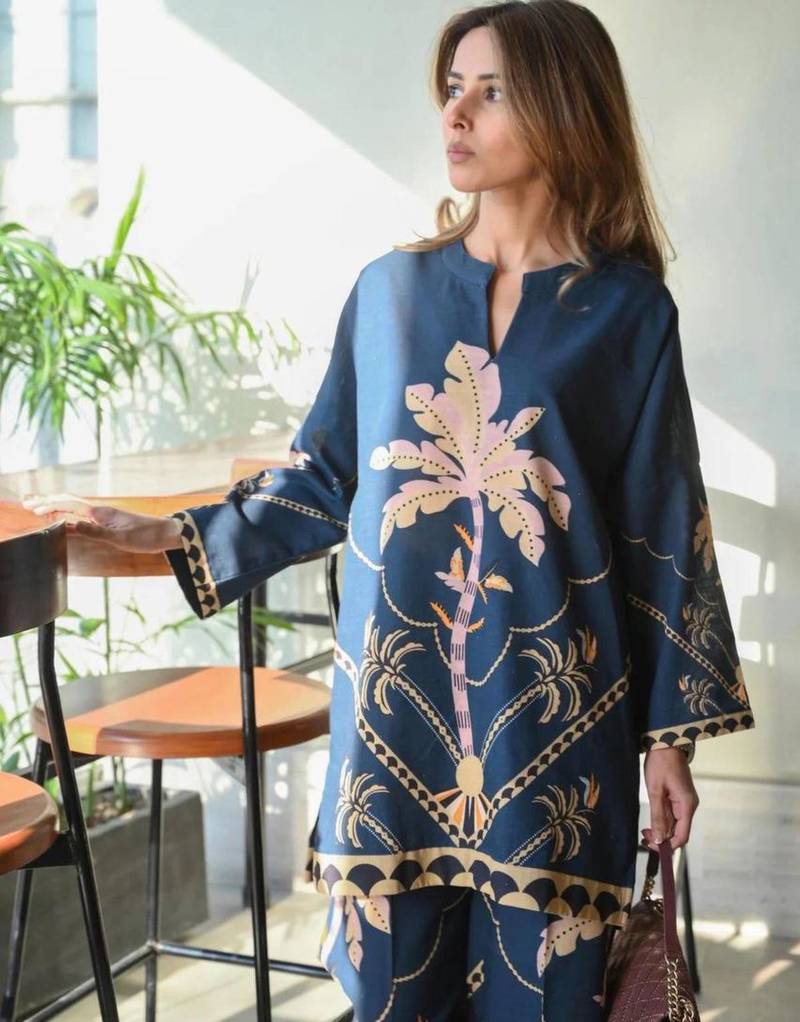 Blue cotton blend printed kurta-sets