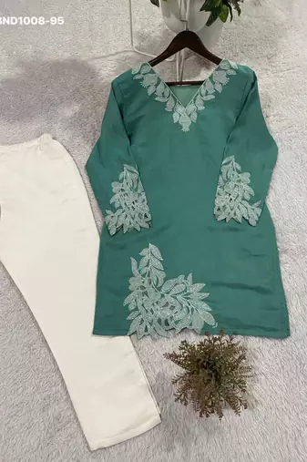 teal green embroidered cotton blend kurta set
