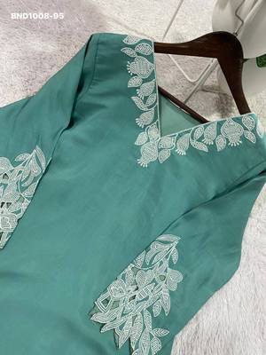teal green embroidered cotton blend kurta set 4